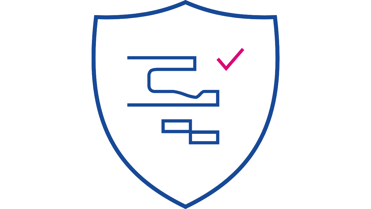 Ikona za namestitev klik talnih oblog z metodo Uniclic Multifit, ki prikazuje ščit z mehanizmom za zaklepanje in kljukico.